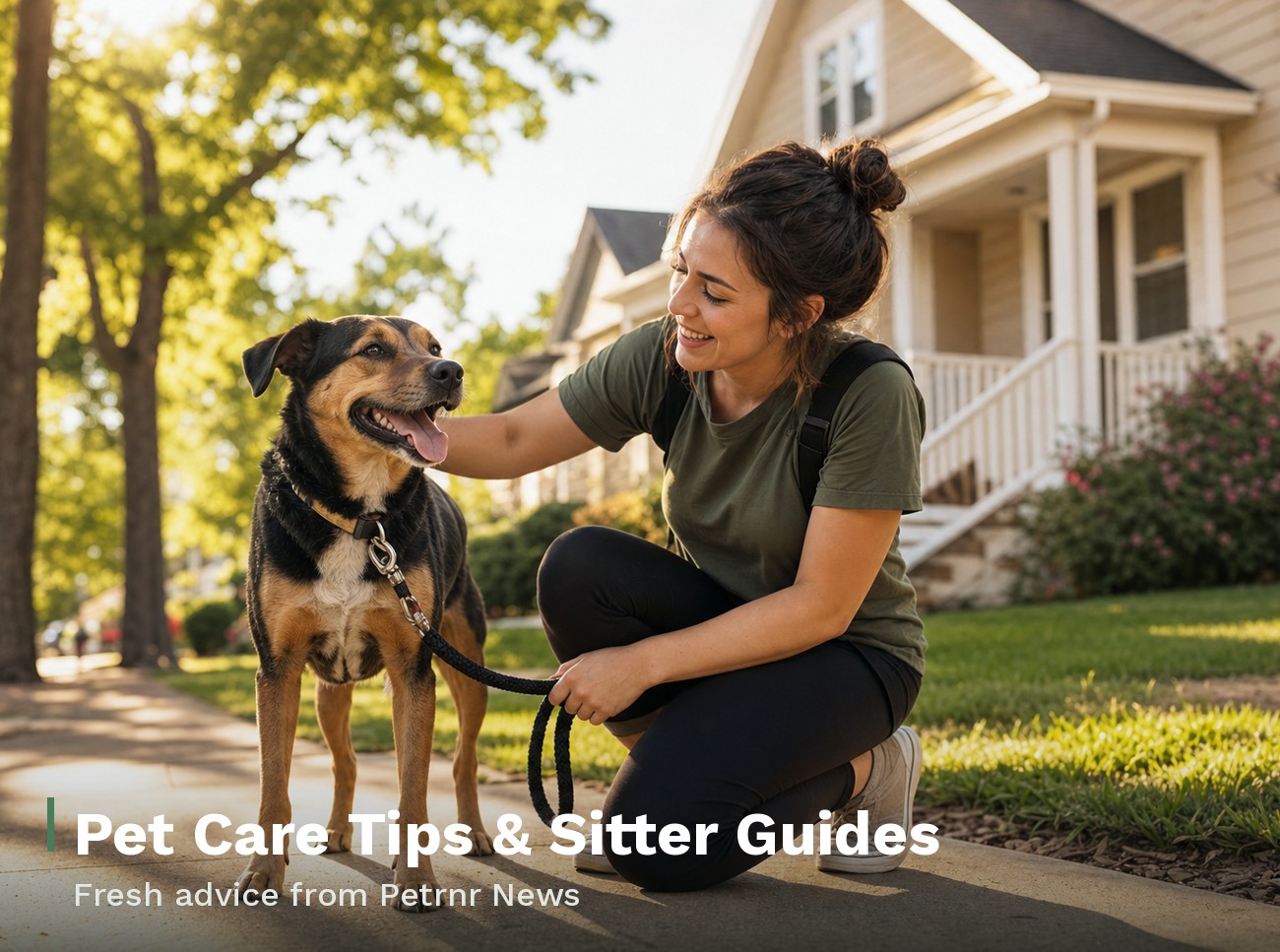 A Petrnr pet sitter greeting a happy dog on a neighborhood sidewalk