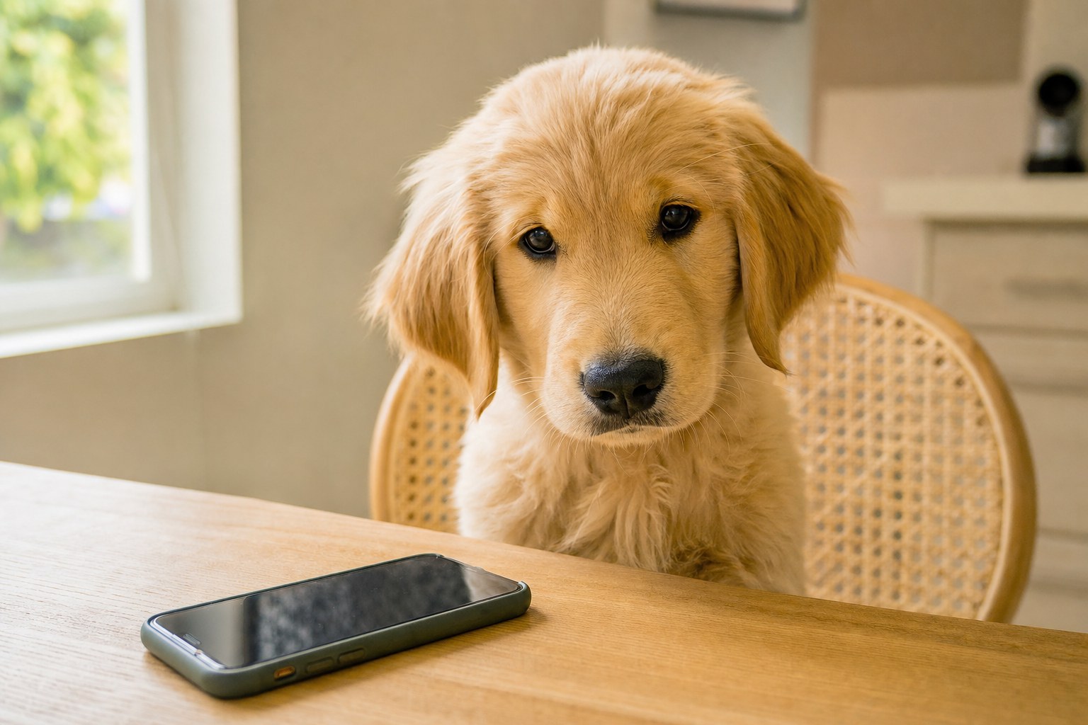 Golden retriever puppy sitting next to a smartphone on a wooden table