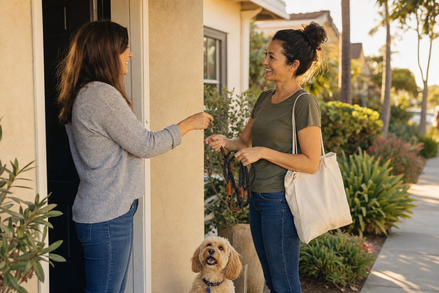 Pet owner handing house key and leash to a smiling neighborhood sitter with a small dog