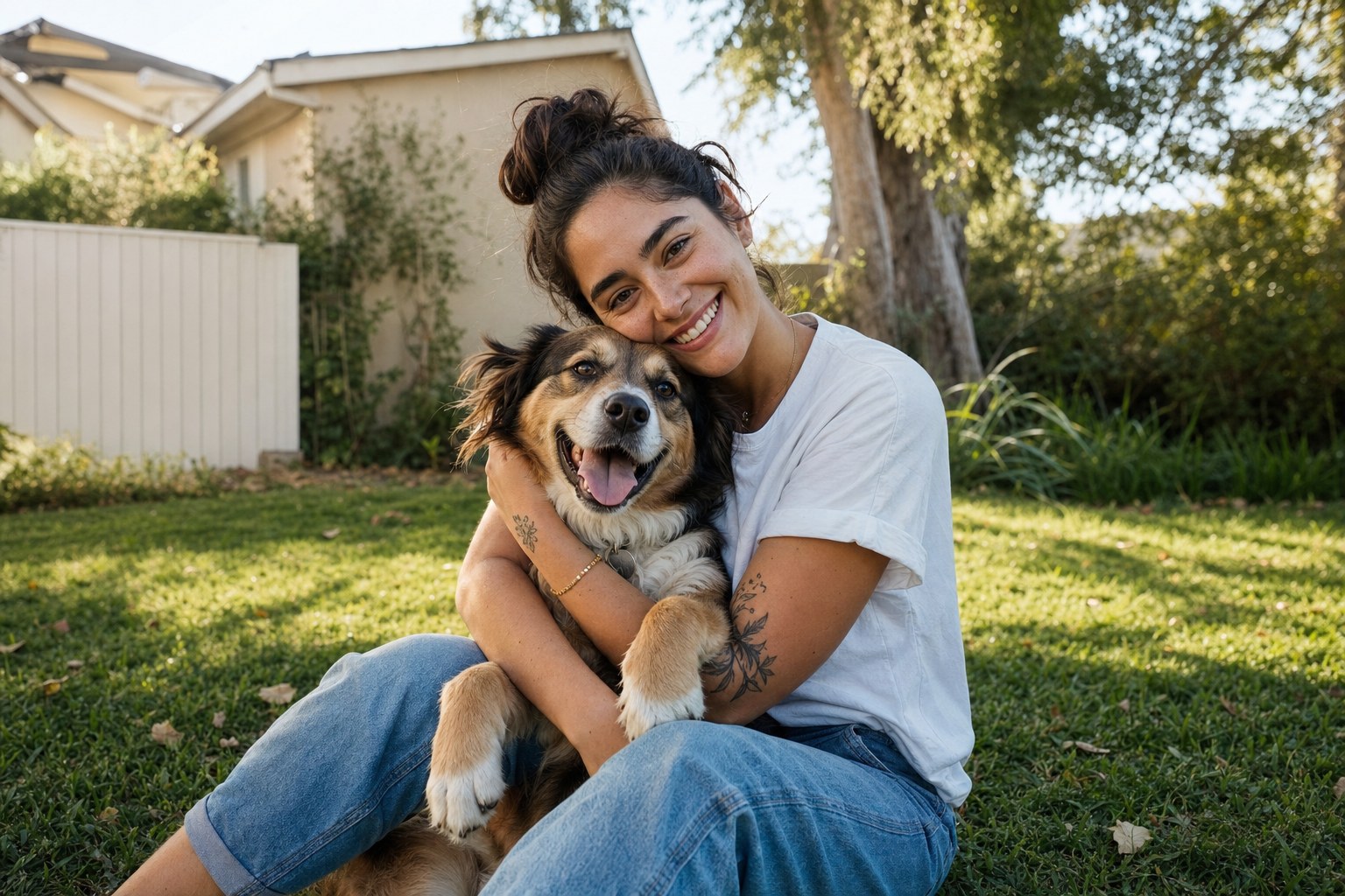 Young pet sitter smiling and hugging a friendly medium-sized dog in a backyard