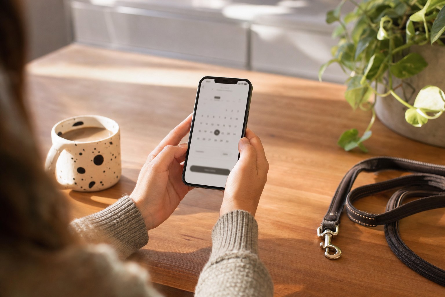 Hands holding a smartphone booking screen next to a coffee mug and dog leash