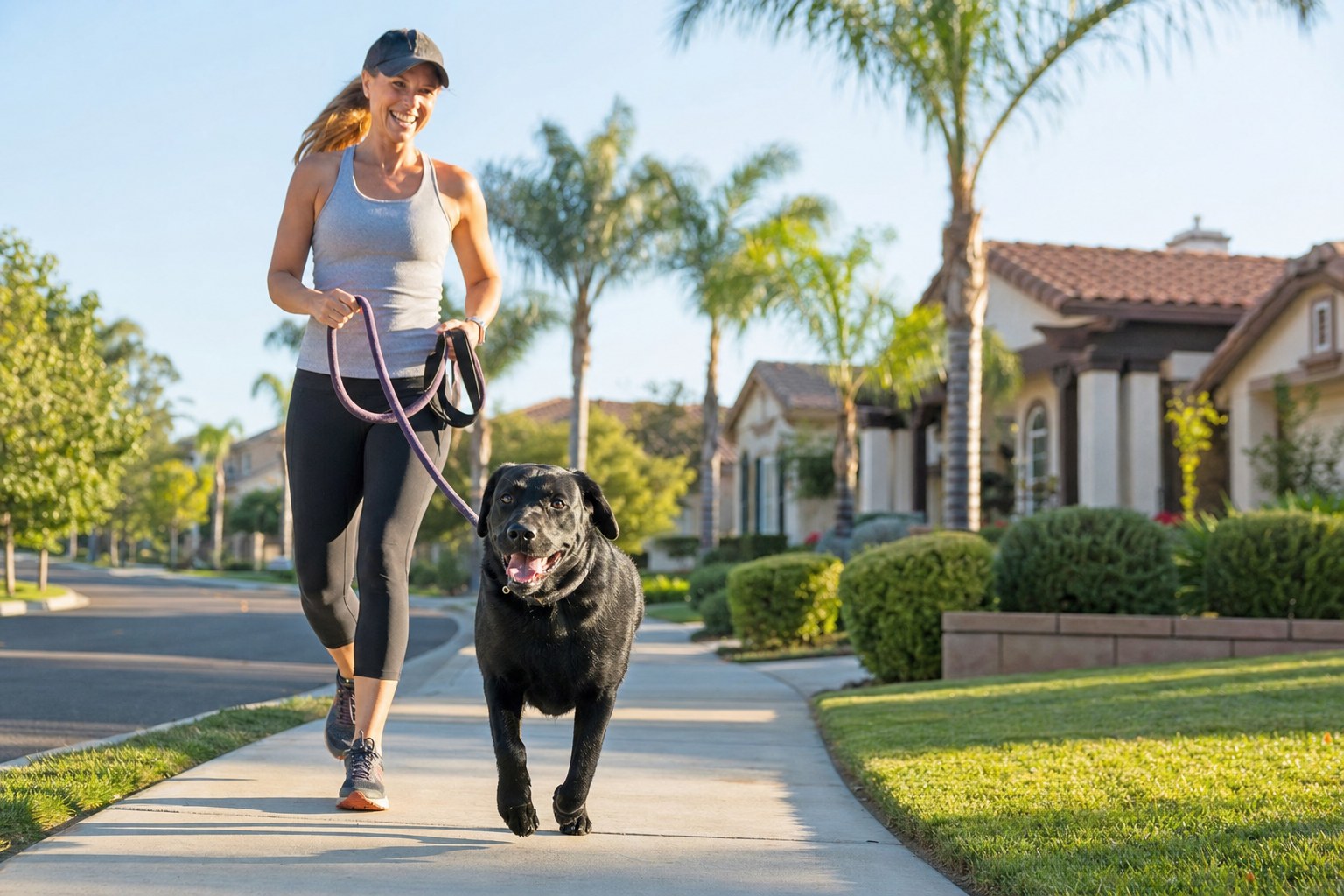 Dog walker leading a happy black Labrador through a sunny suburban neighborhood