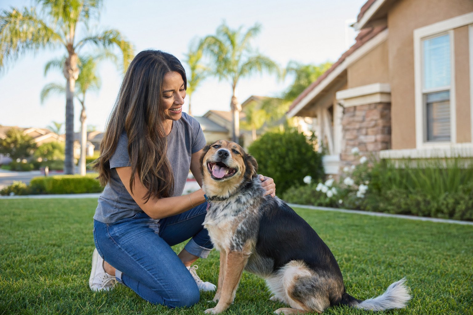 Pet sitter kneeling in a Murrieta front yard, petting a happy mixed-breed dog