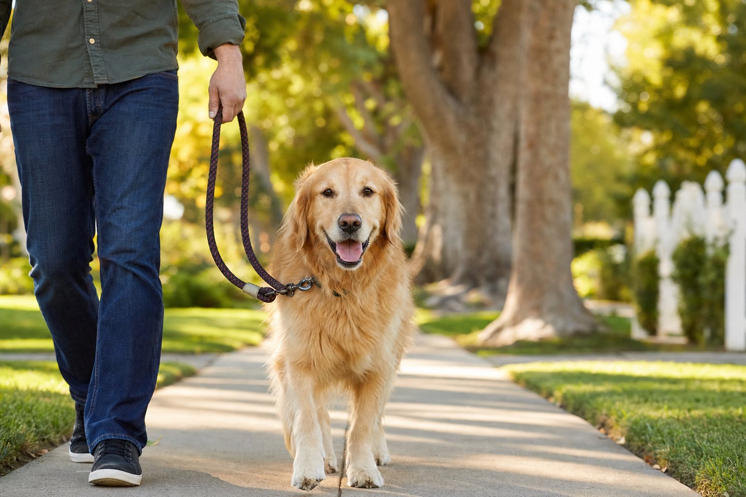 Happy golden retriever on a leash walking with a Petrnr walker on a sunny suburban sidewalk