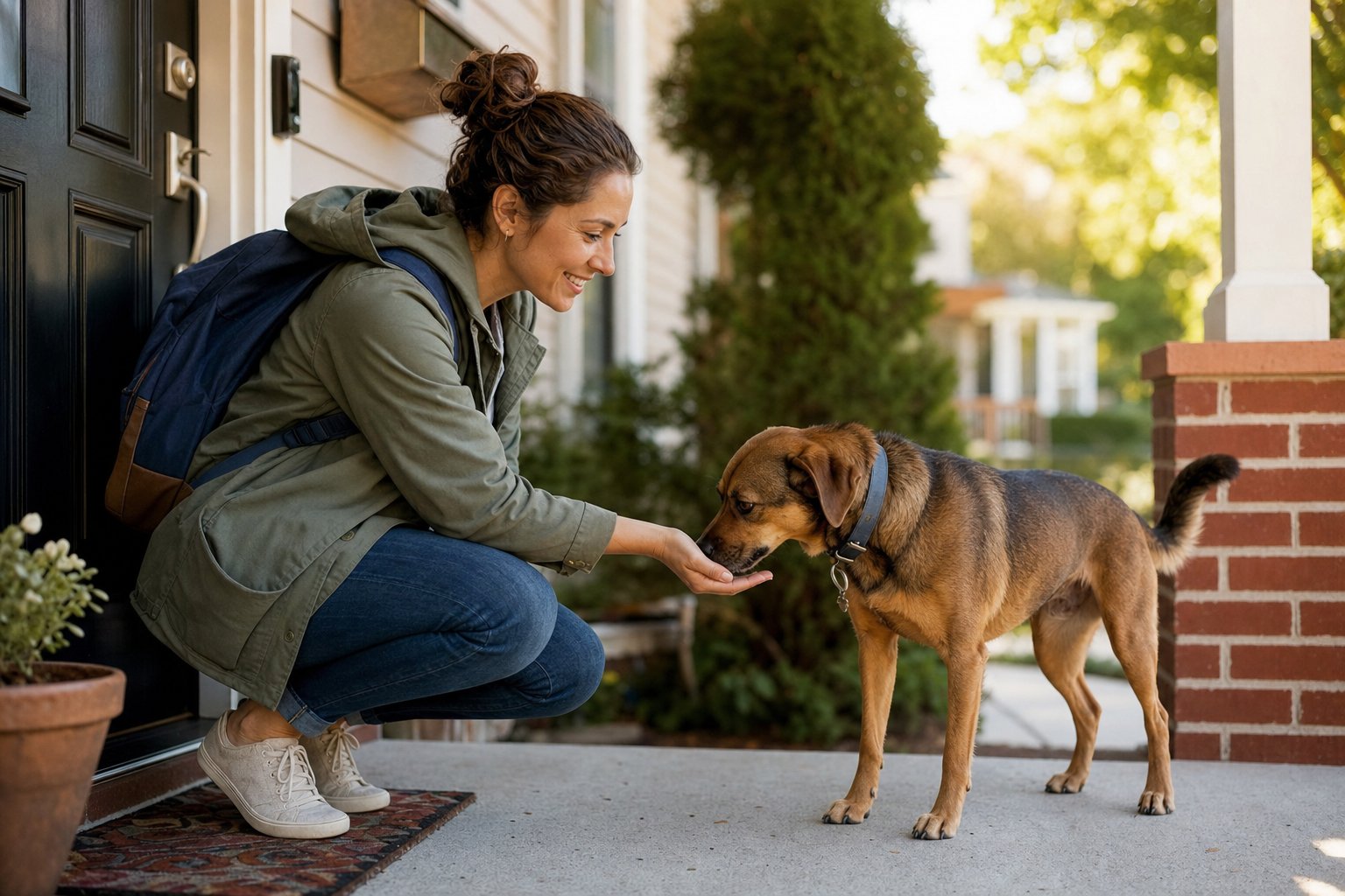 Pet sitter greeting a friendly dog on the front porch during a first meet-and-greet