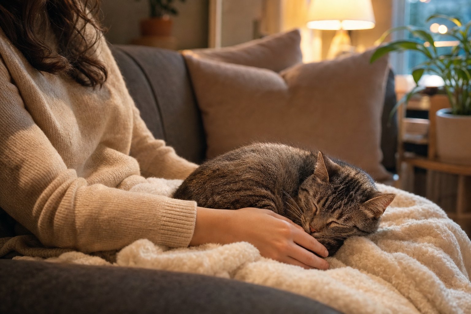 Cat curled up sleeping next to a Petrnr sitter's hand in a cozy warmly-lit living room