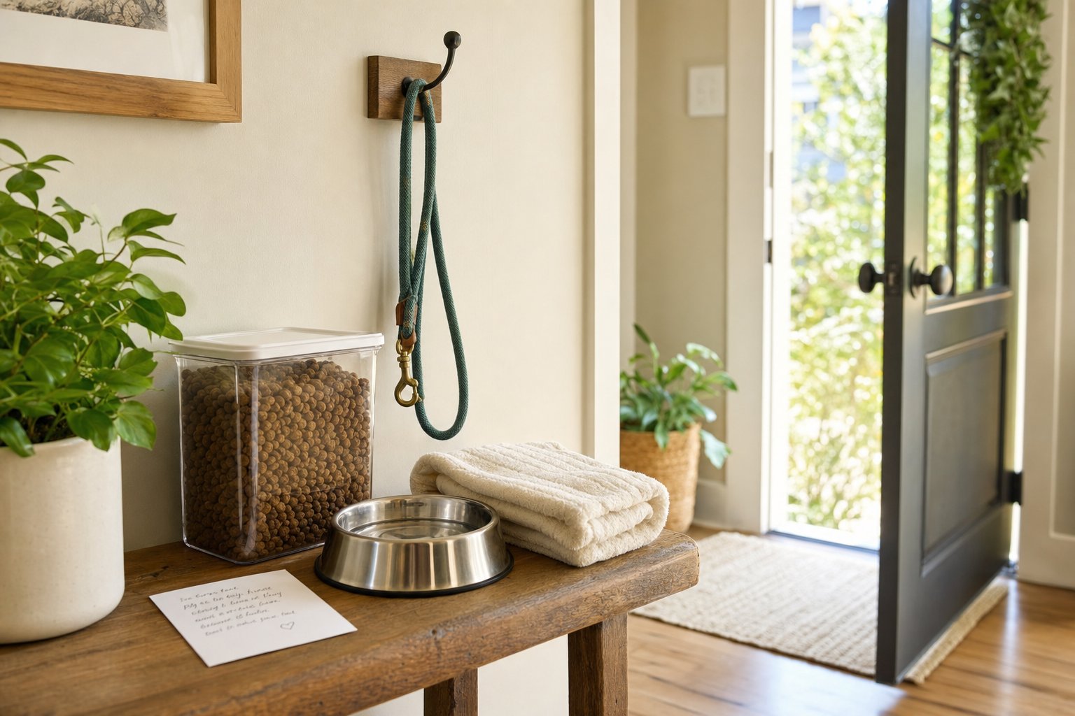 Tidy home entryway prepared for a pet sitter: leash on hook, food container, water bowl, and welcome note